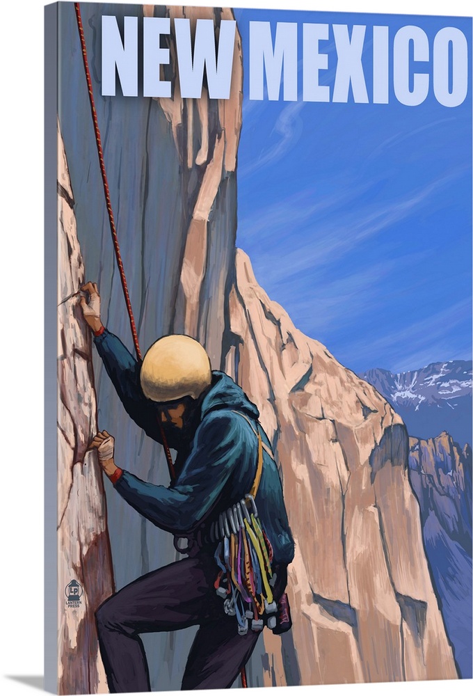 Retro stylized art poster of a rock climber scaling a rocky cliff.