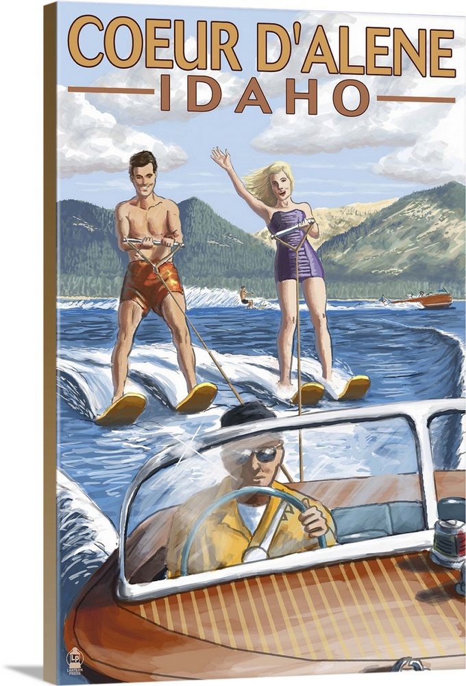 Retro stylized art poster of a happy couple water skiing.