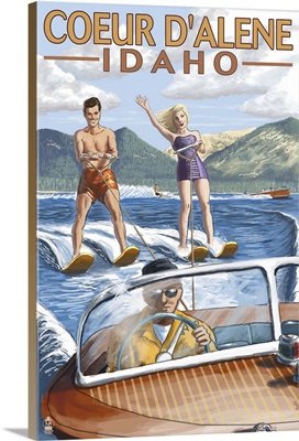 Coeur D'Alene, Idaho - Water Skiing Scene: Retro Travel Poster