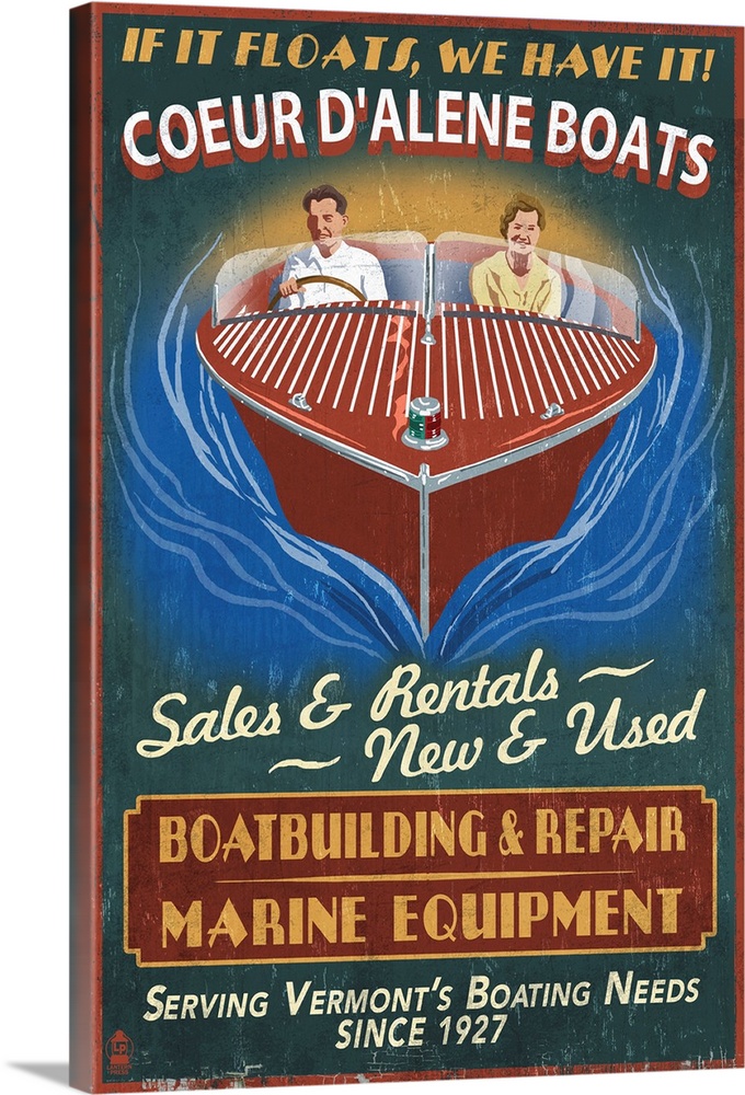 Retro stylized art poster of a couple driving a speed wooden boat.