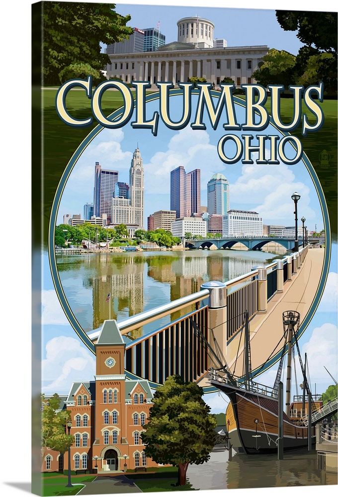 Columbus, Ohio - Montage Scenes: Retro Travel Poster
