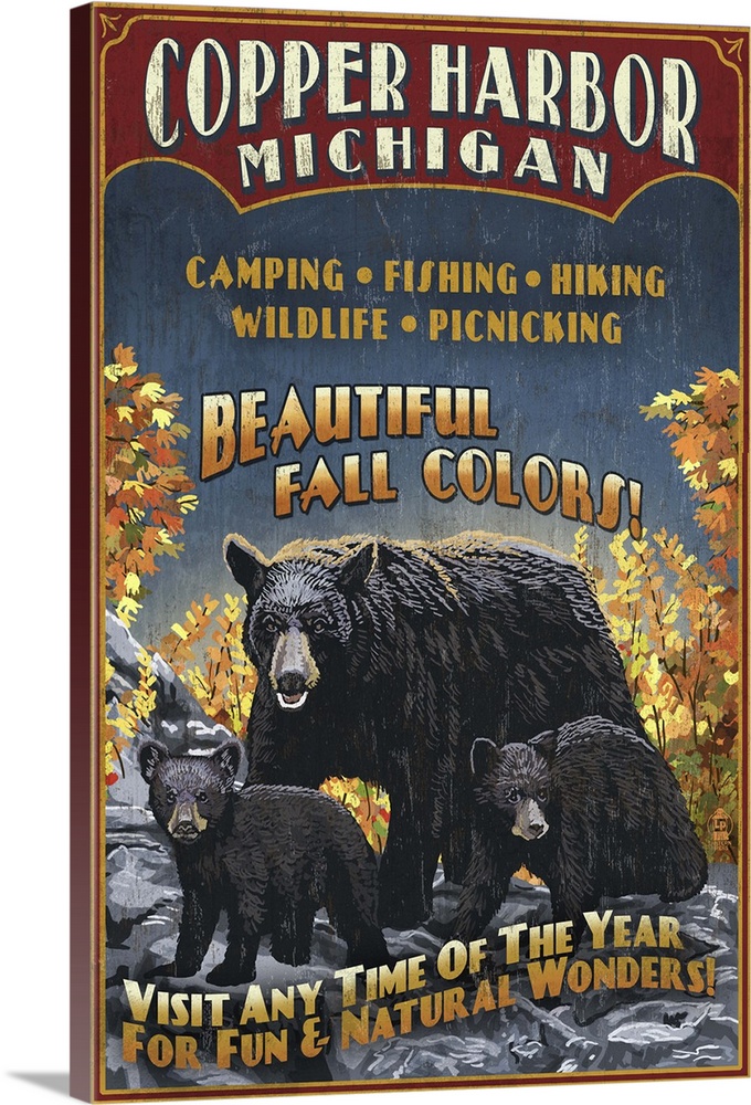 Copper Harbor, Michigan - Black Bears Vintage Sign: Retro Travel Poster