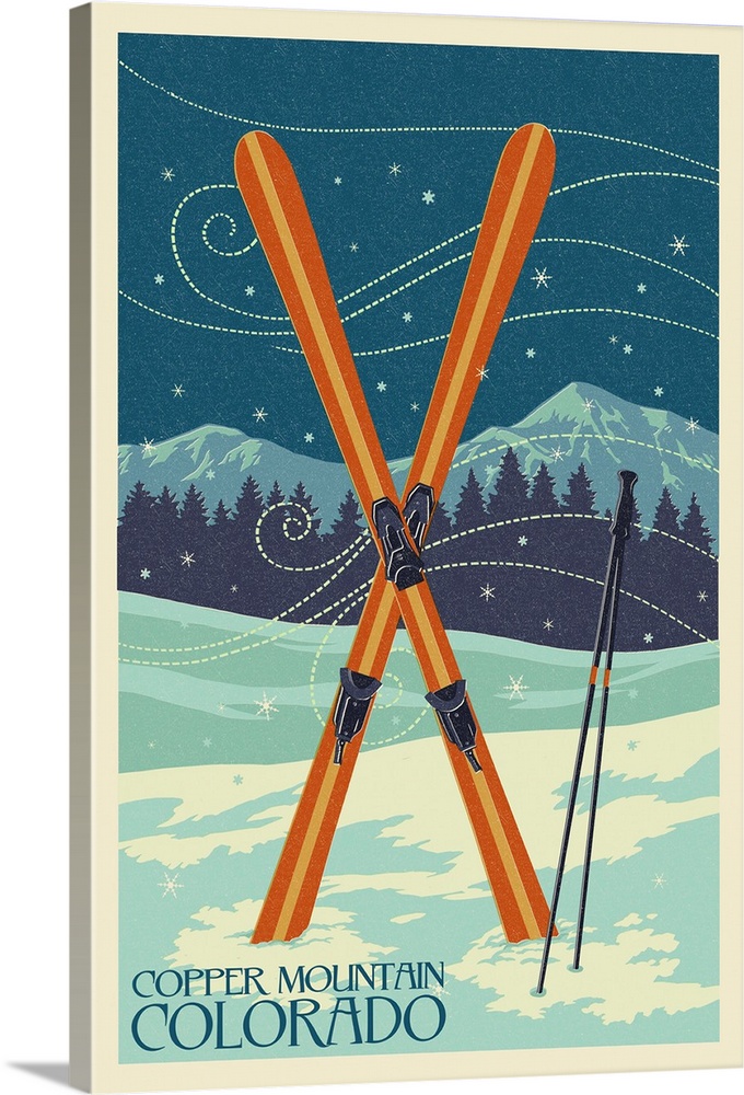 Copper Mountain, Colorado - Crossed Skis - Letterpress: Retro Travel Poster