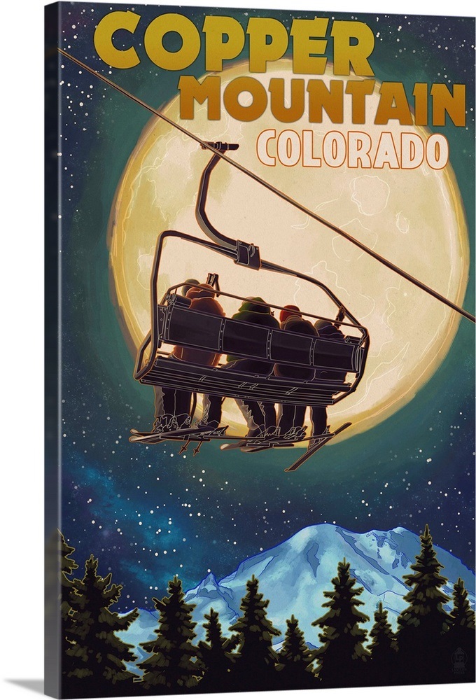 Copper Mountain, Colorado - Ski Lift and Full Moon: Retro Travel Poster ...