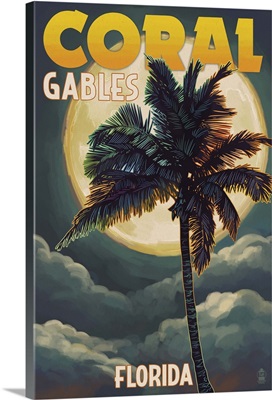 Coral Gables, Florida - Palms and Moon: Retro Travel Poster