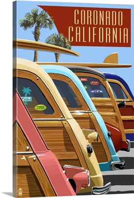 Coronado, California - Woodies Lined Up: Retro Travel Poster