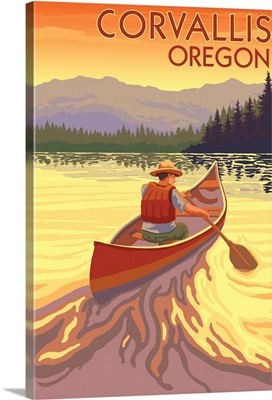Corvallis, Oregon - Canoe and Sunset: Retro Travel Poster