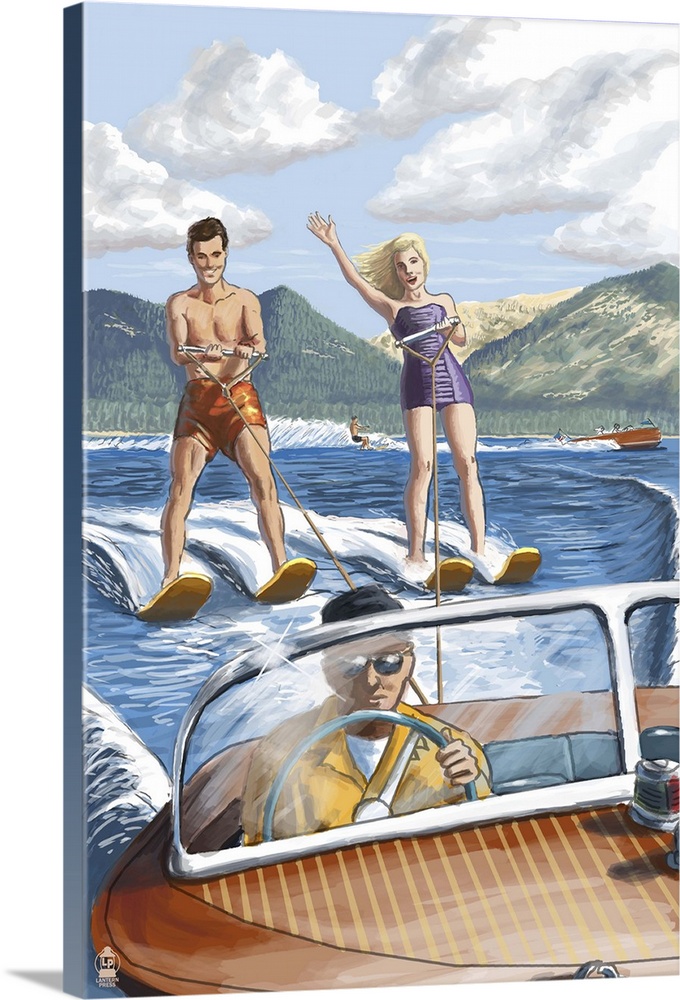 Retro stylized art poster of a couple water skiing.