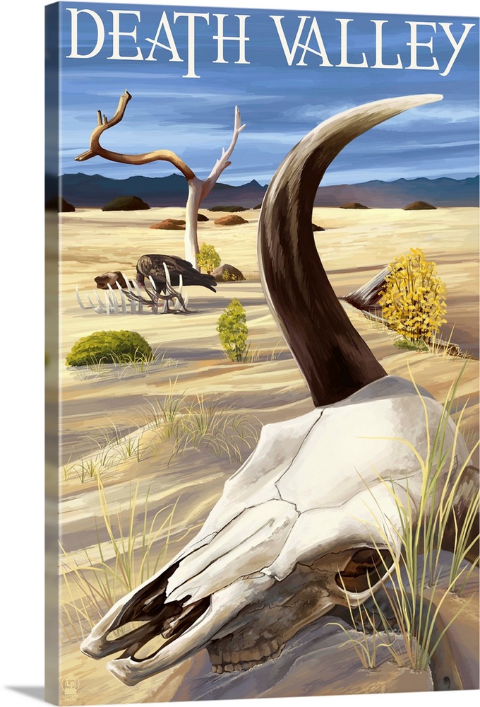 Retro stylized art poster of a bull skull laying in the sand of a dry desert.