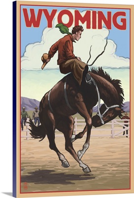 Cowboy and Bronco Scene - Wyoming: Retro Travel Poster