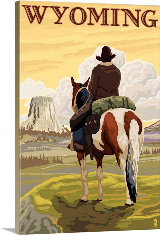 Cowboy and Devil's Tower - Wyoming: Retro Travel Poster