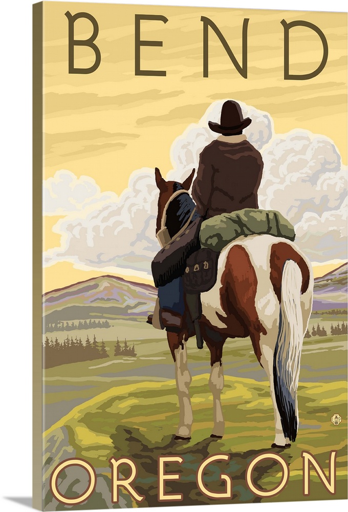 Cowboy and Horse - Bend, Oregon: Retro Travel Poster