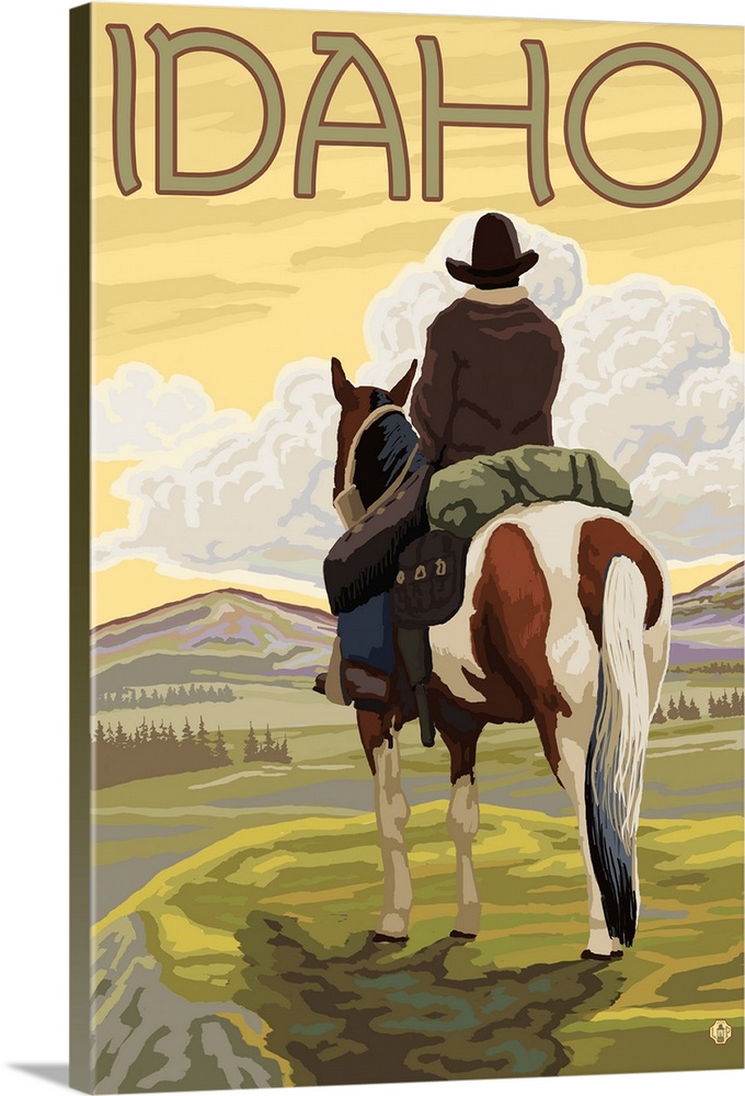 Cowboy and Horse - Idaho: Retro Travel Poster