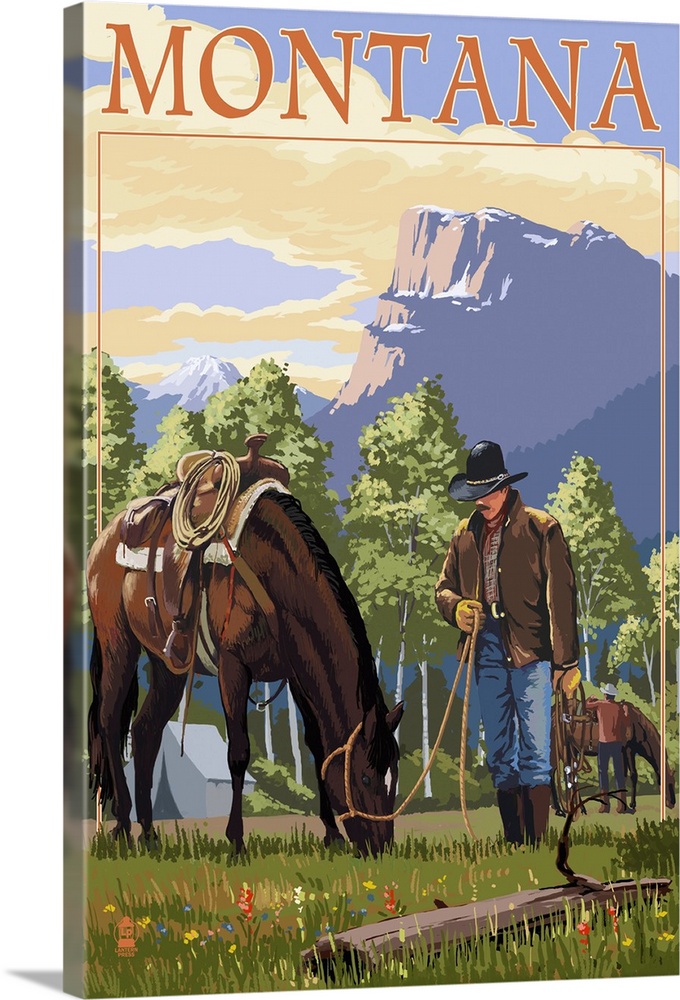 Cowboy and Horse in Spring - Montana: Retro Travel Poster