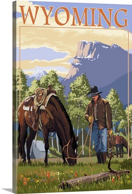 Cowboy and Horse in Spring - Wyoming: Retro Travel Poster