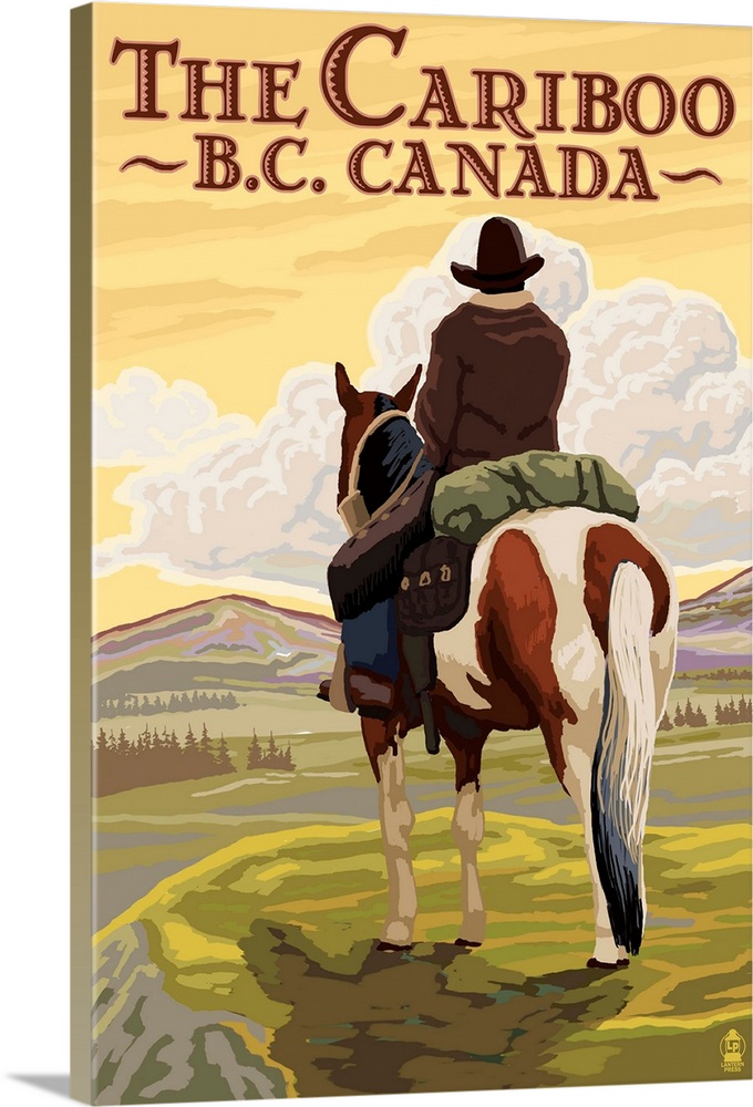 Retro stylized art poster of a cowboy on horseback looking out over a rugged landscape.