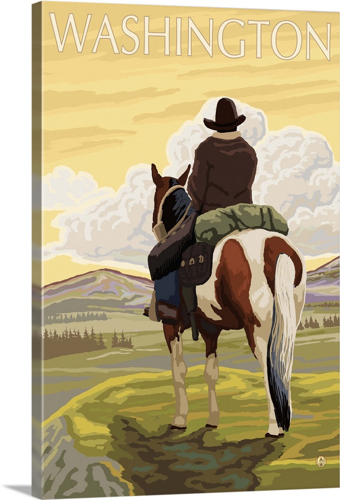 Cowboy and Horse - Washington: Retro Travel Poster