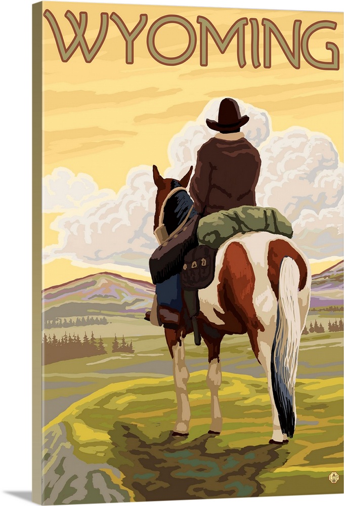 Cowboy and Horse - Wyoming: Retro Travel Poster