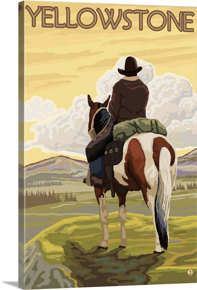 Cowboy and Horse - Yellowstone National Park: Retro Travel Poster