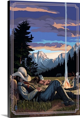 Cowboy Camping Night Scene: Retro Poster Art