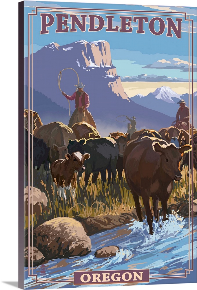 Cowboy Cattle Drive Scene - Pendleton, Oregon: Retro Travel Poster