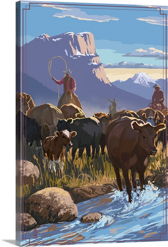 Cowboy Cattle Drive Scene: Retro Poster Art