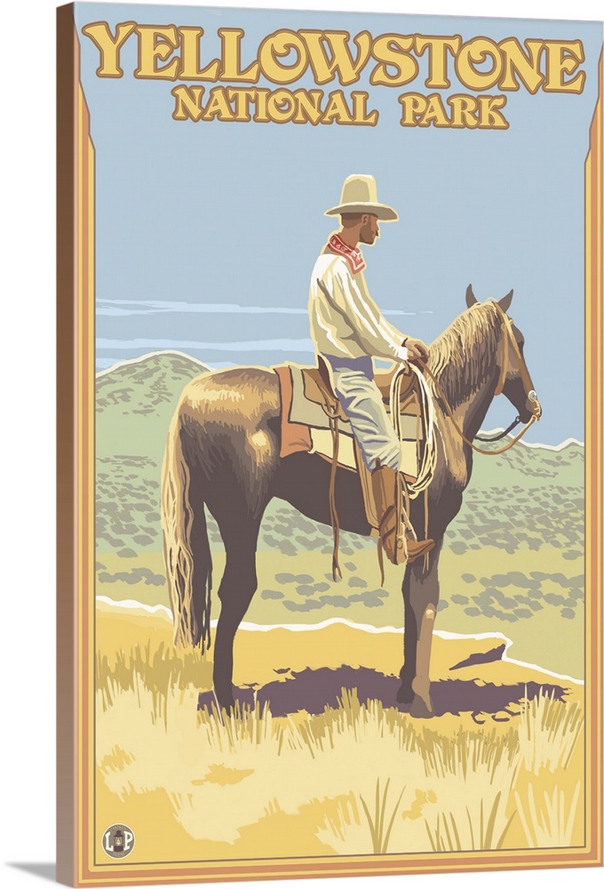 Cowboy on Horseback - Yellowstone National Park: Retro Travel Poster