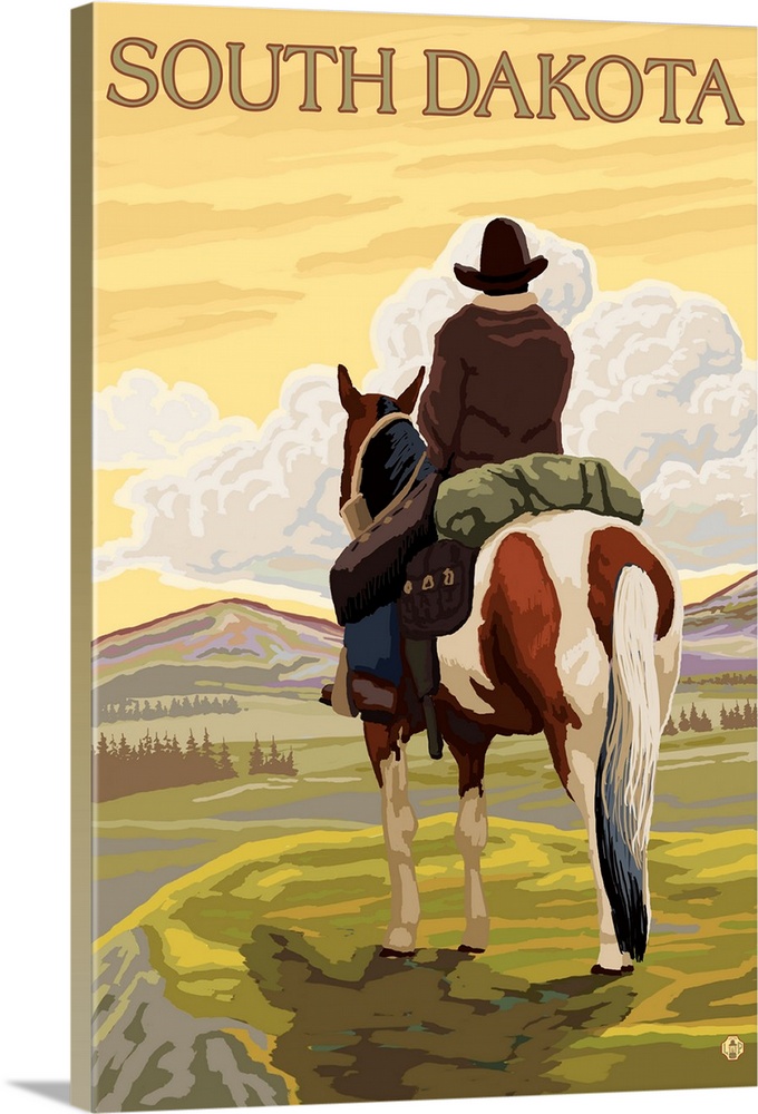 Cowboy (View from Back) - South Dakota: Retro Travel Poster