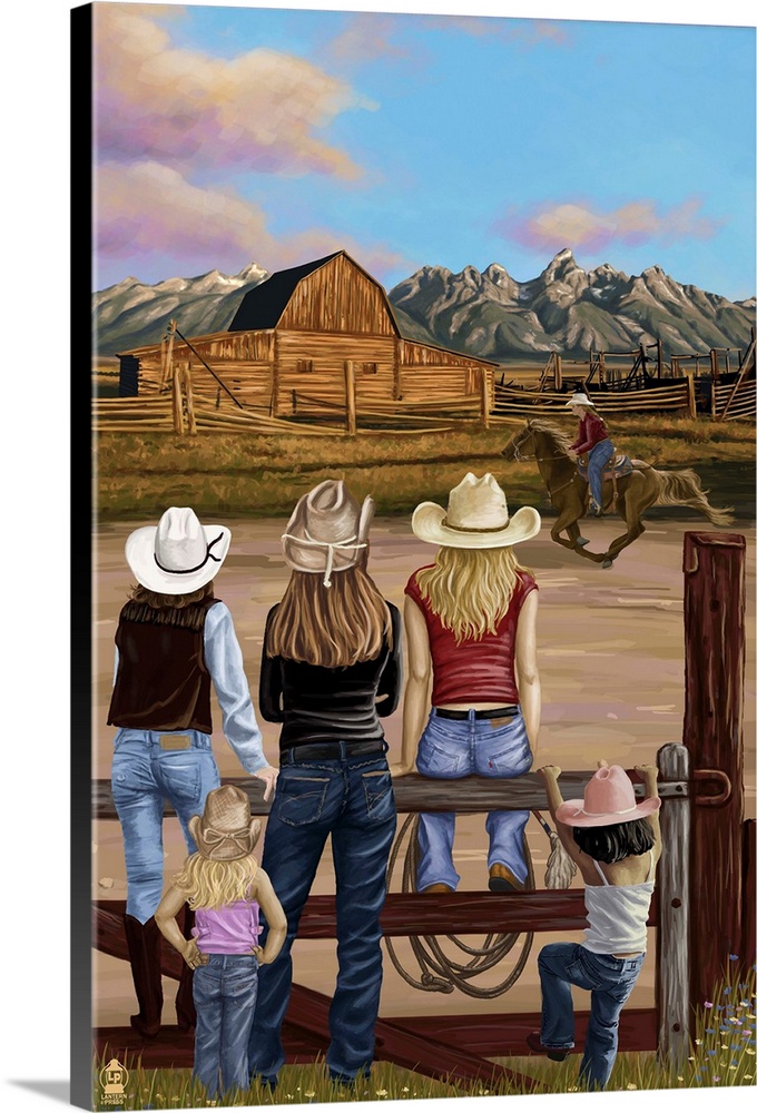 Retro stylized art poster of cowgirls sitting on fence watching rider on heroseback.