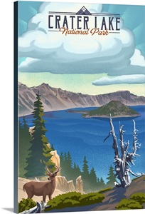 Crater Lake National Park, Deer In Nature: Retro Travel Poster image thumbnail