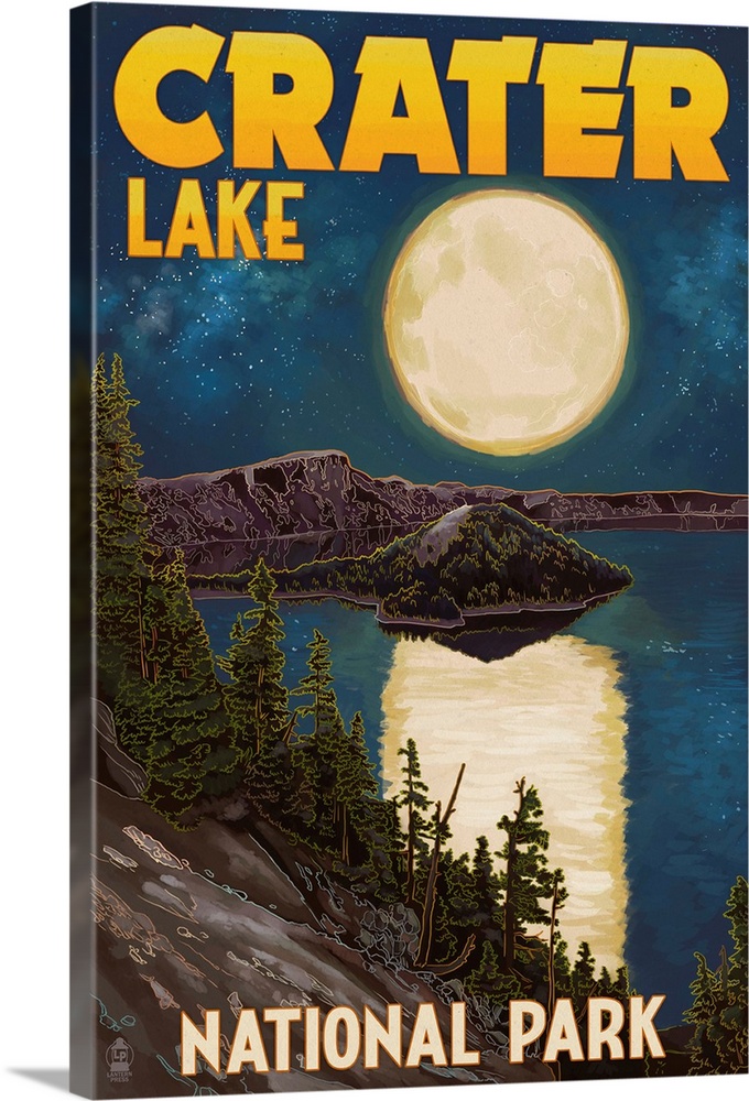 Crater Lake National Park, Oregon - Lake and Full Moon: Retro Travel Poster