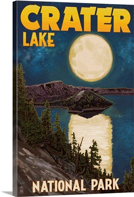 Crater Lake National Park, Oregon - Lake and Full Moon: Retro Travel Poster