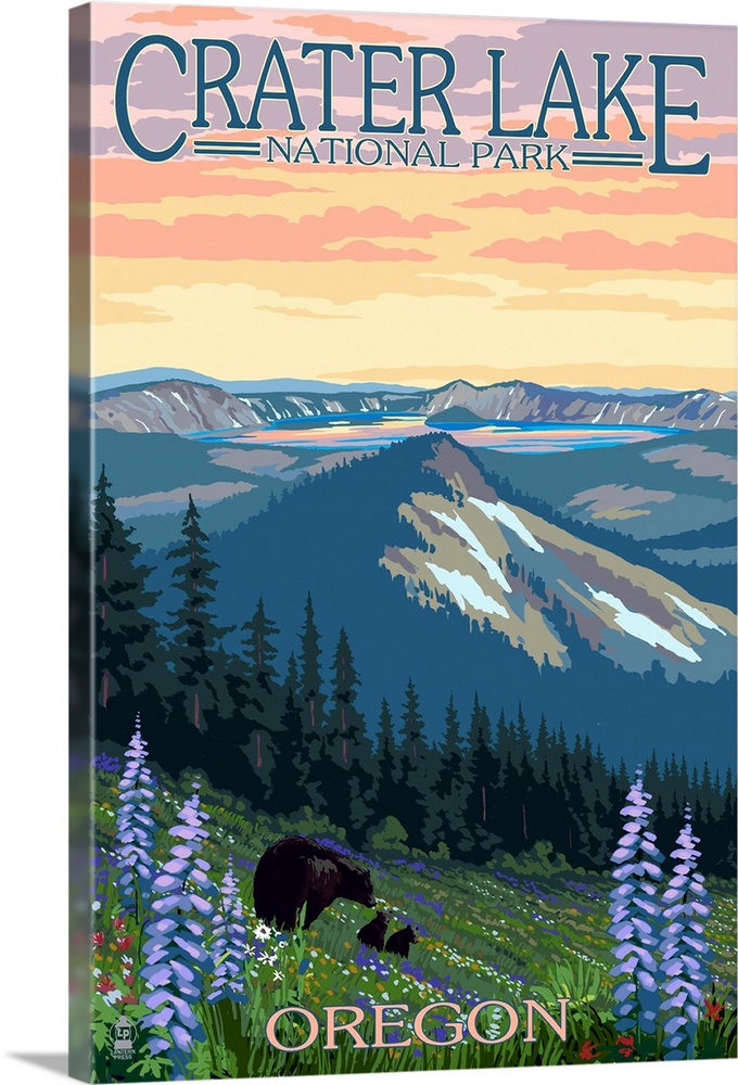 Crater Lake National Park, Oregon - Spring Flowers and Bear Family: Retro Travel Poster