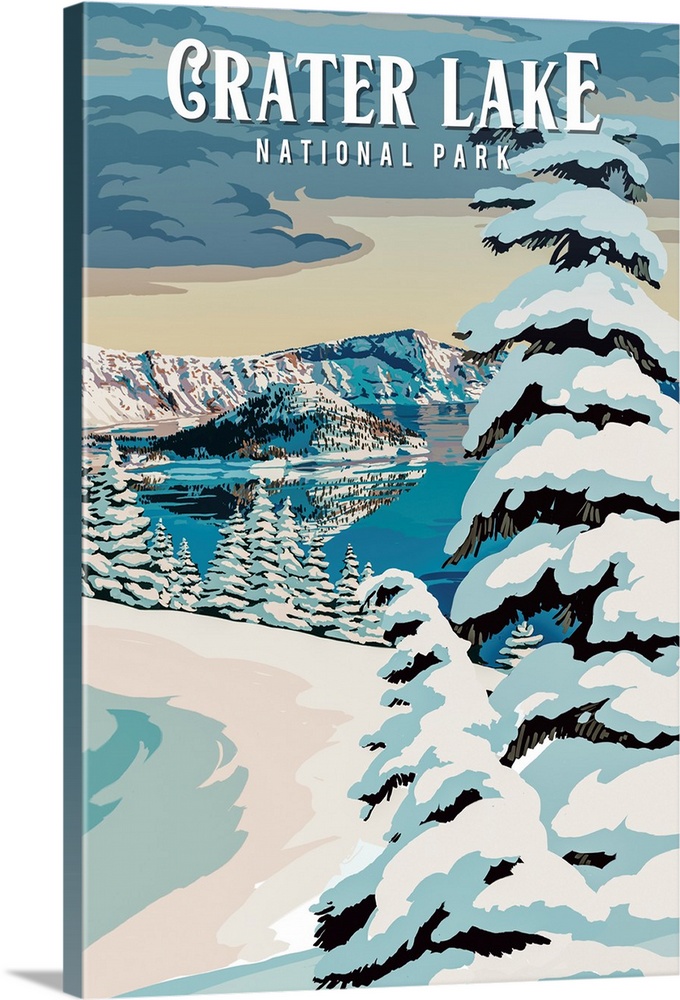 Crater Lake National Park, Winter Landscape: Retro Travel Poster