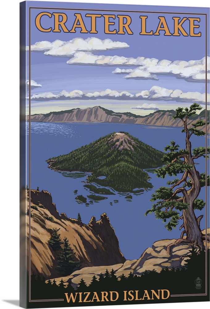 Crater Lake, Oregon - Wizard Island View: Retro Travel Poster