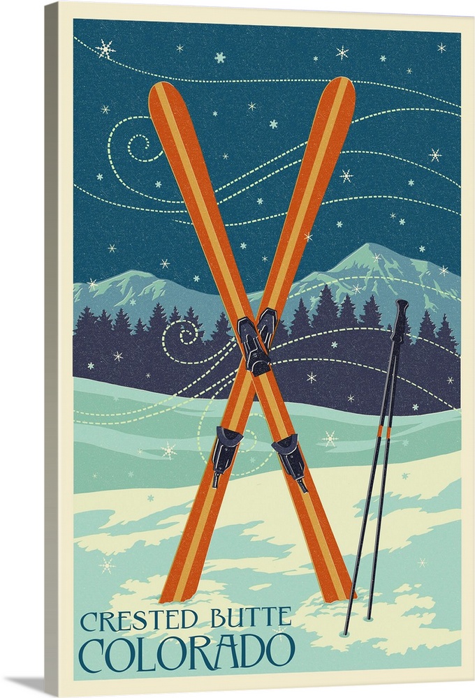 Crested Butte, Colorado - Crossed Skis - Letterpress: Retro Travel Poster