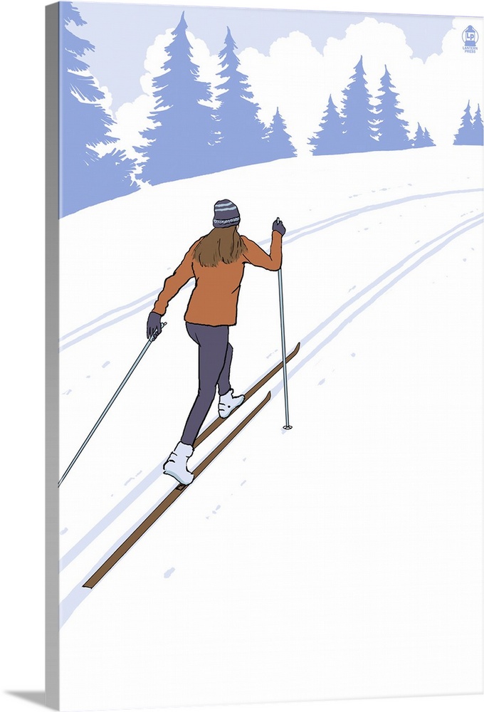 Retro stylized art poster of a cross country skier, with trees in the background.