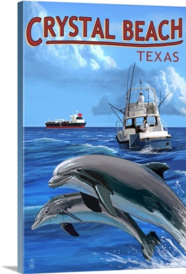 Crystal Beach, Texas, Fishing Boat with Freighter and Dolphins
