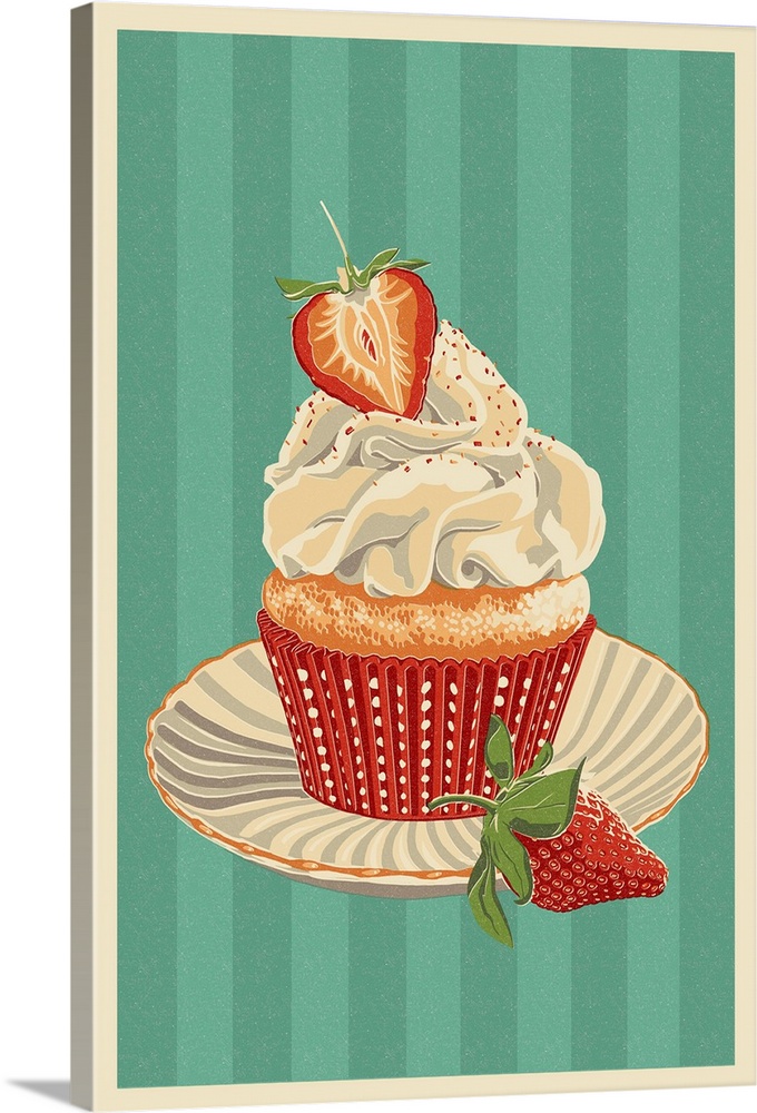 Cupcake and Strawberry - Letterpress: Retro Art Poster