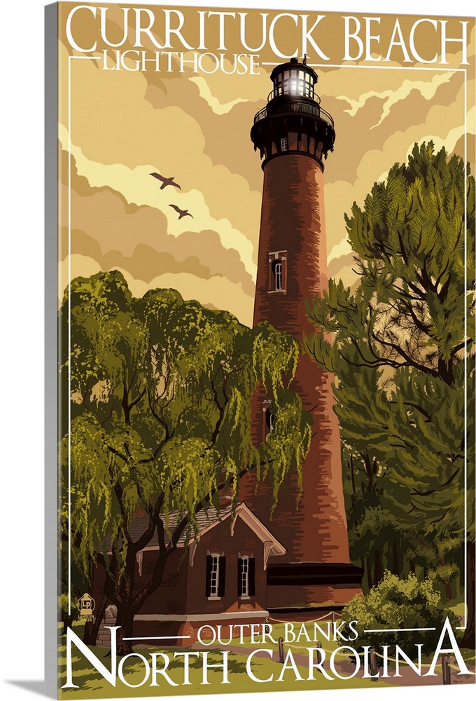 Currituck Beach Lighthouse - Outer Banks, North Carolina: Retro Travel Poster