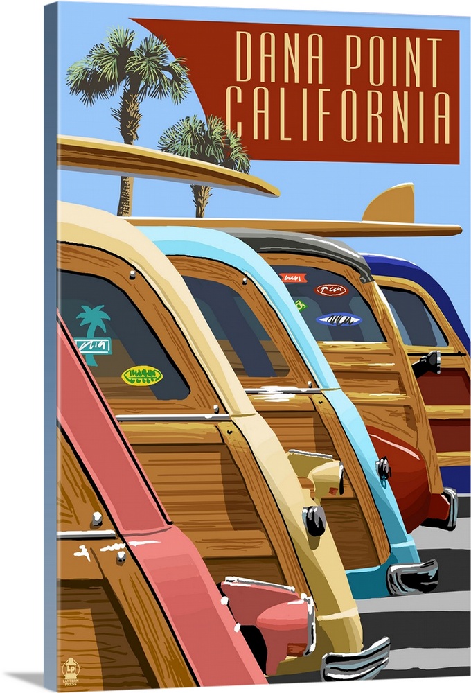Dana Point, California - Woodies Lined Up: Retro Travel Poster