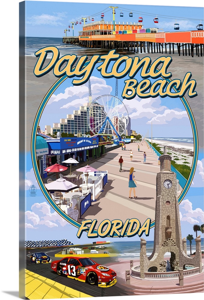 Daytona Beach, FL - Daytona Beach Montage: Retro Travel Poster