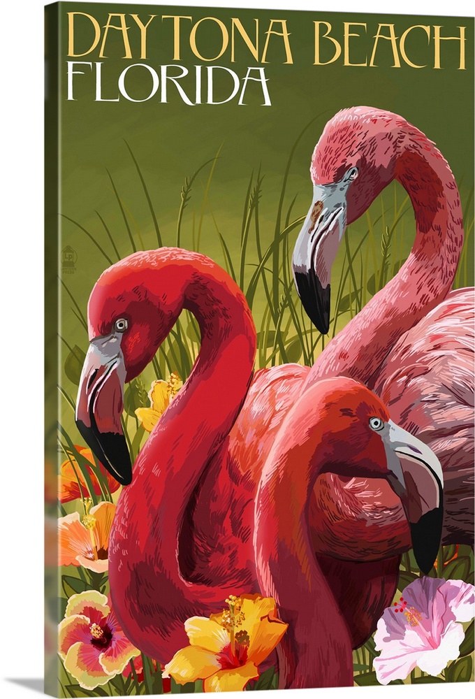Daytona Beach, Florida - Flamingo Scene: Retro Travel Poster