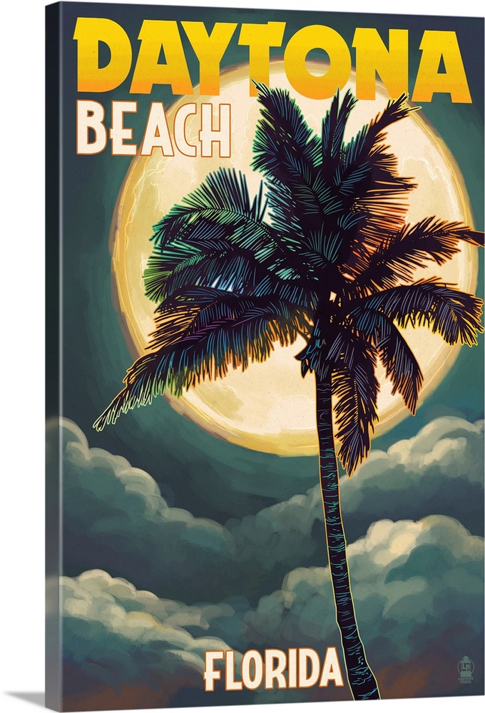 Daytona Beach, Florida - Palms and Moon: Retro Travel Poster