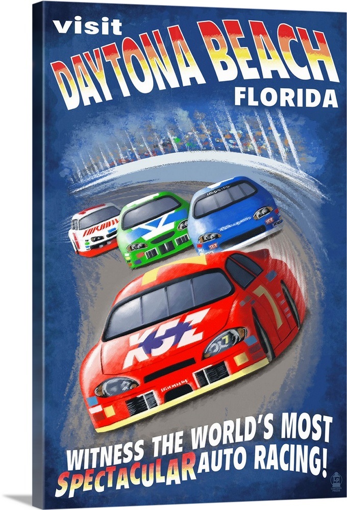 Daytona Beach, Florida Racecar Scene Retro Travel Poster Wall Art