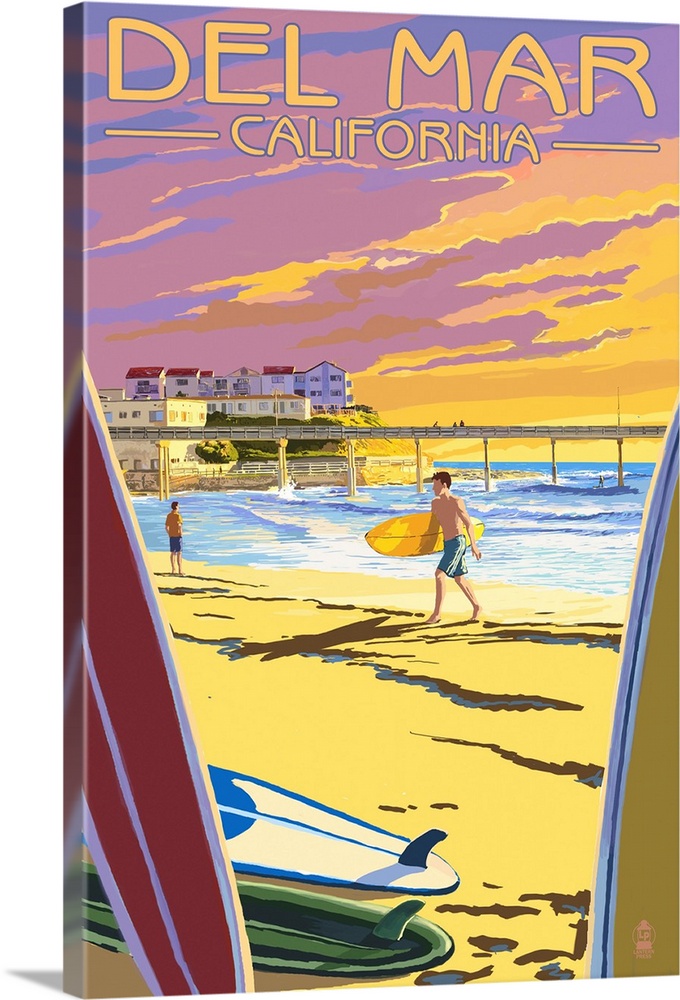 Retro stylized art poster of a surfer on a beach with a pier in the background. Viewed through a pair of surfboards along ...
