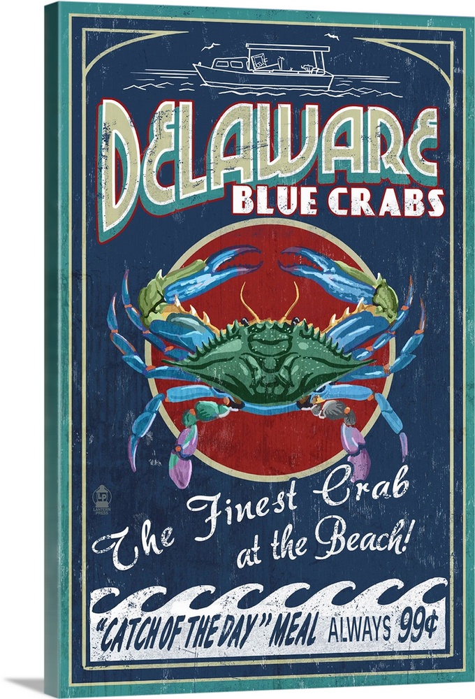 Delaware Blue Crabs Vintage Sign - Best at the Beach: Retro Travel Poster