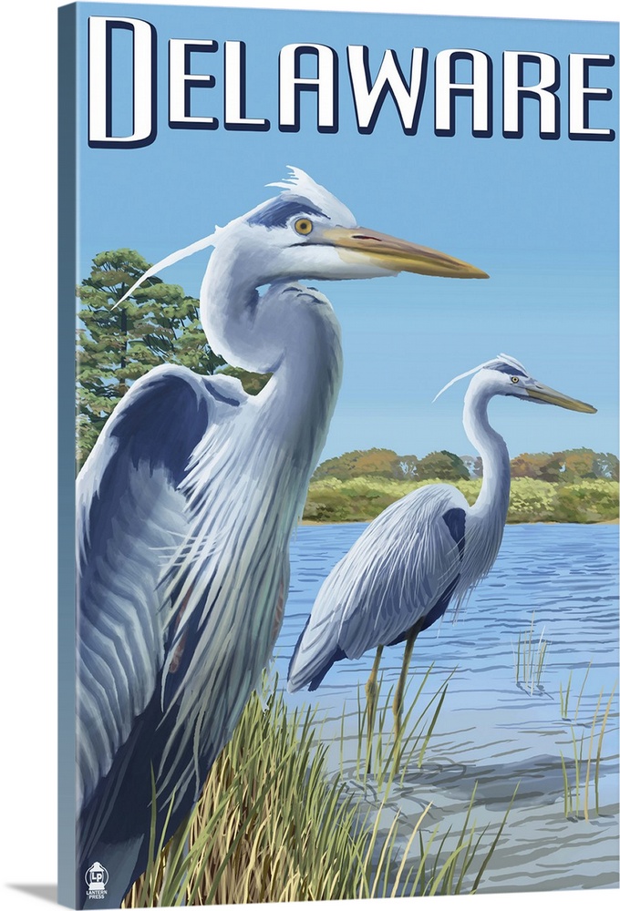 Retro stylized art poster of two blue herons staring out onto the water.