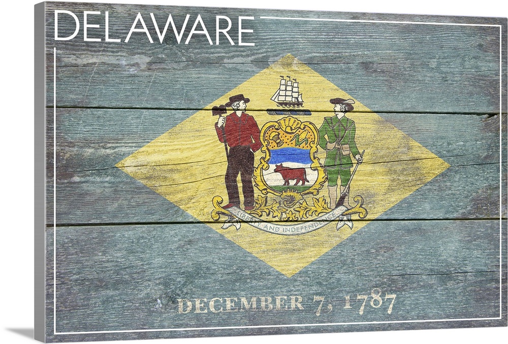 The flag of Delaware with a weathered wooden board effect.