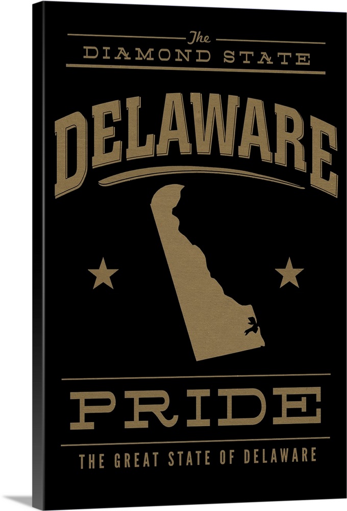 The Delaware state outline on black with gold text.
